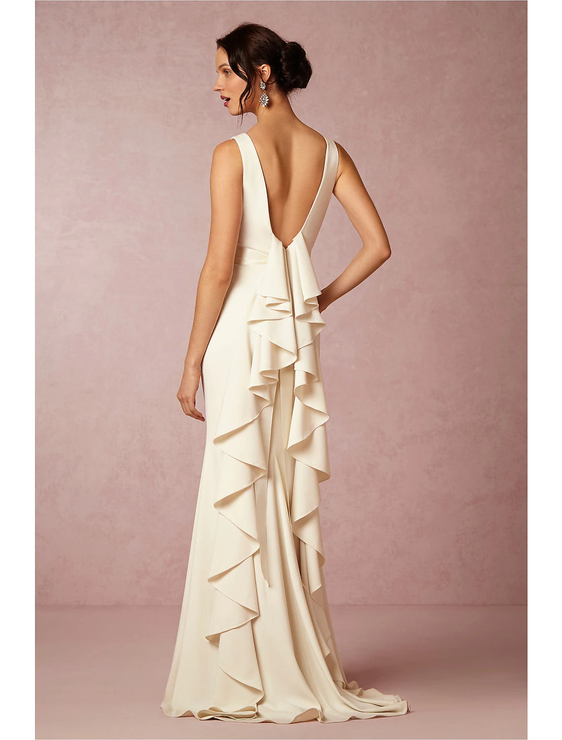 Elegant Stretch Sheath Column Scoop Neck Open Back Draping Wedding Dress.