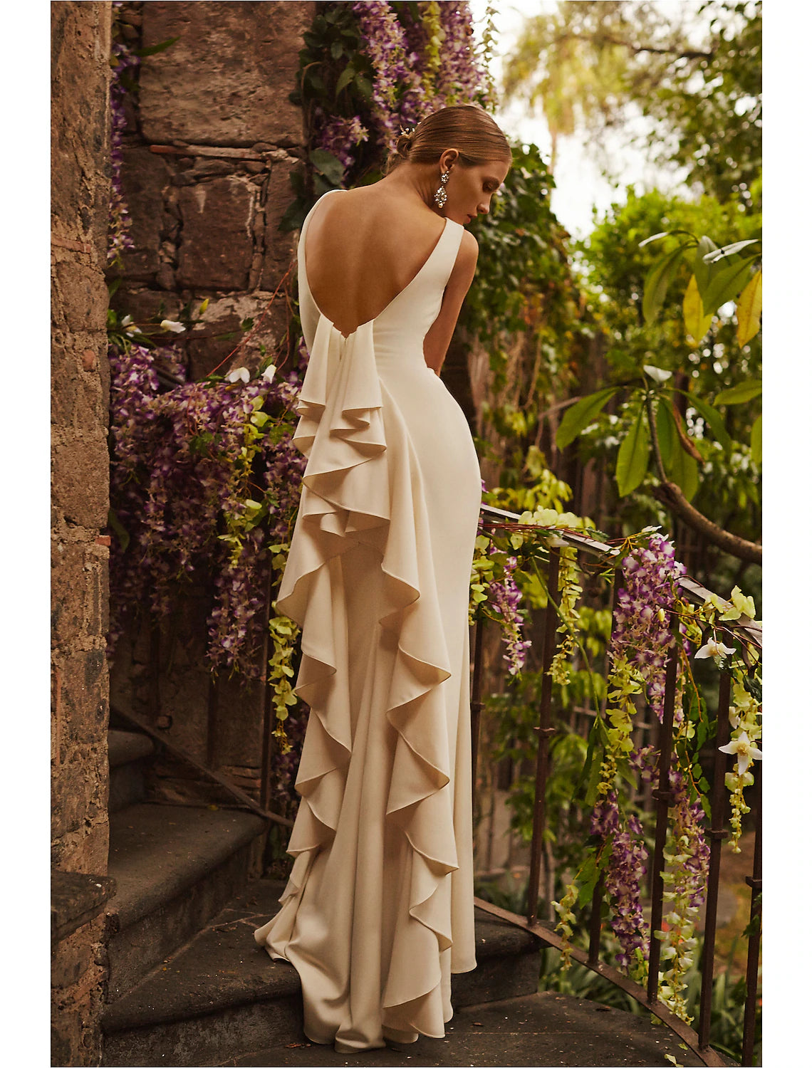 Elegant Stretch Sheath Column Scoop Neck Open Back Draping Wedding Dress.