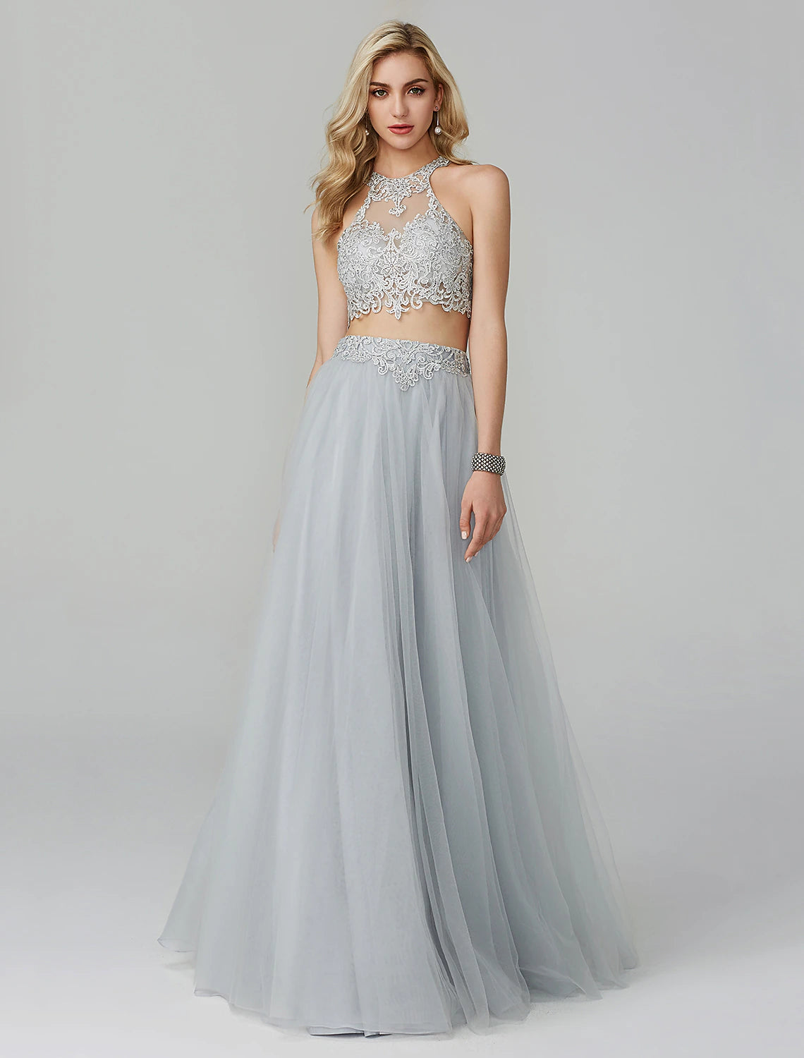 Elegant Two Piece Empire Halter Neck Floor Length Appliqued Lace Prom Dress.