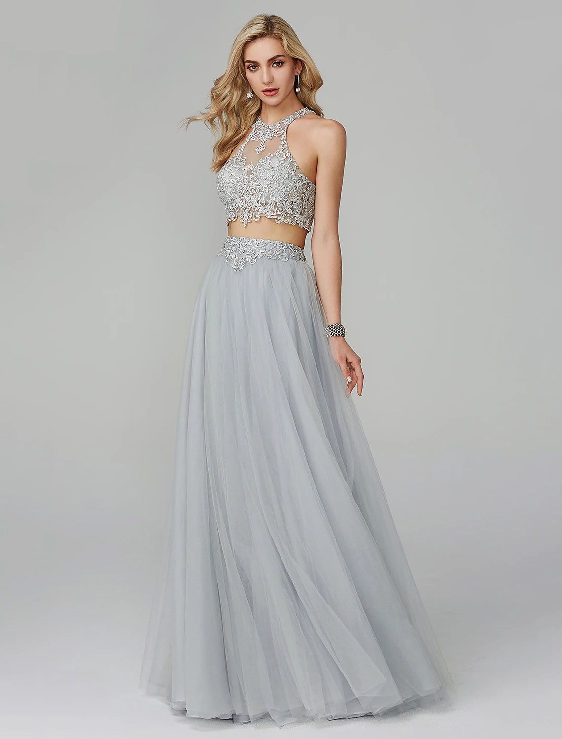Elegant Two Piece Empire Halter Neck Floor Length Appliqued Lace Prom Dress.