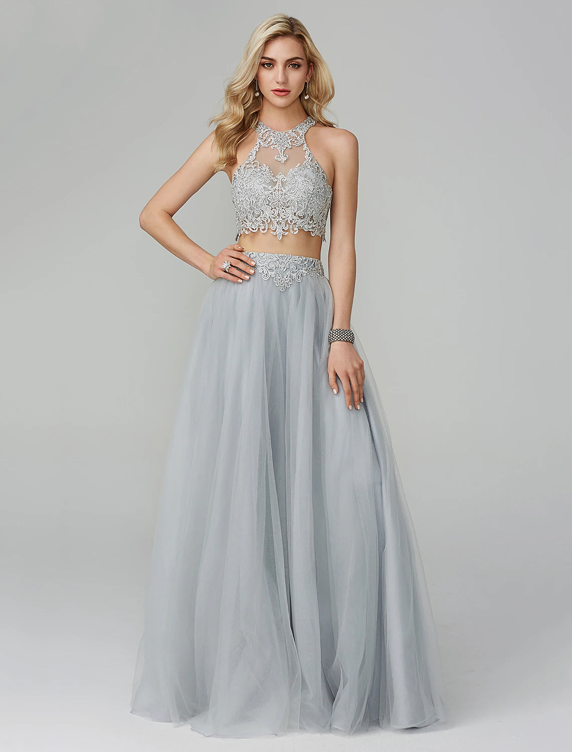 Elegant Two Piece Empire Halter Neck Floor Length Appliqued Lace Prom Dress.