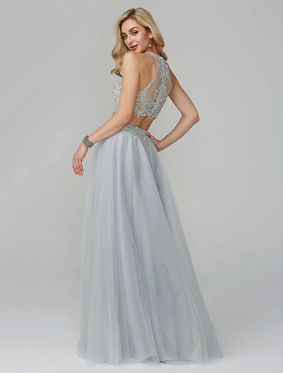 Elegant Two Piece Empire Halter Neck Floor Length Appliqued Lace Prom Dress.