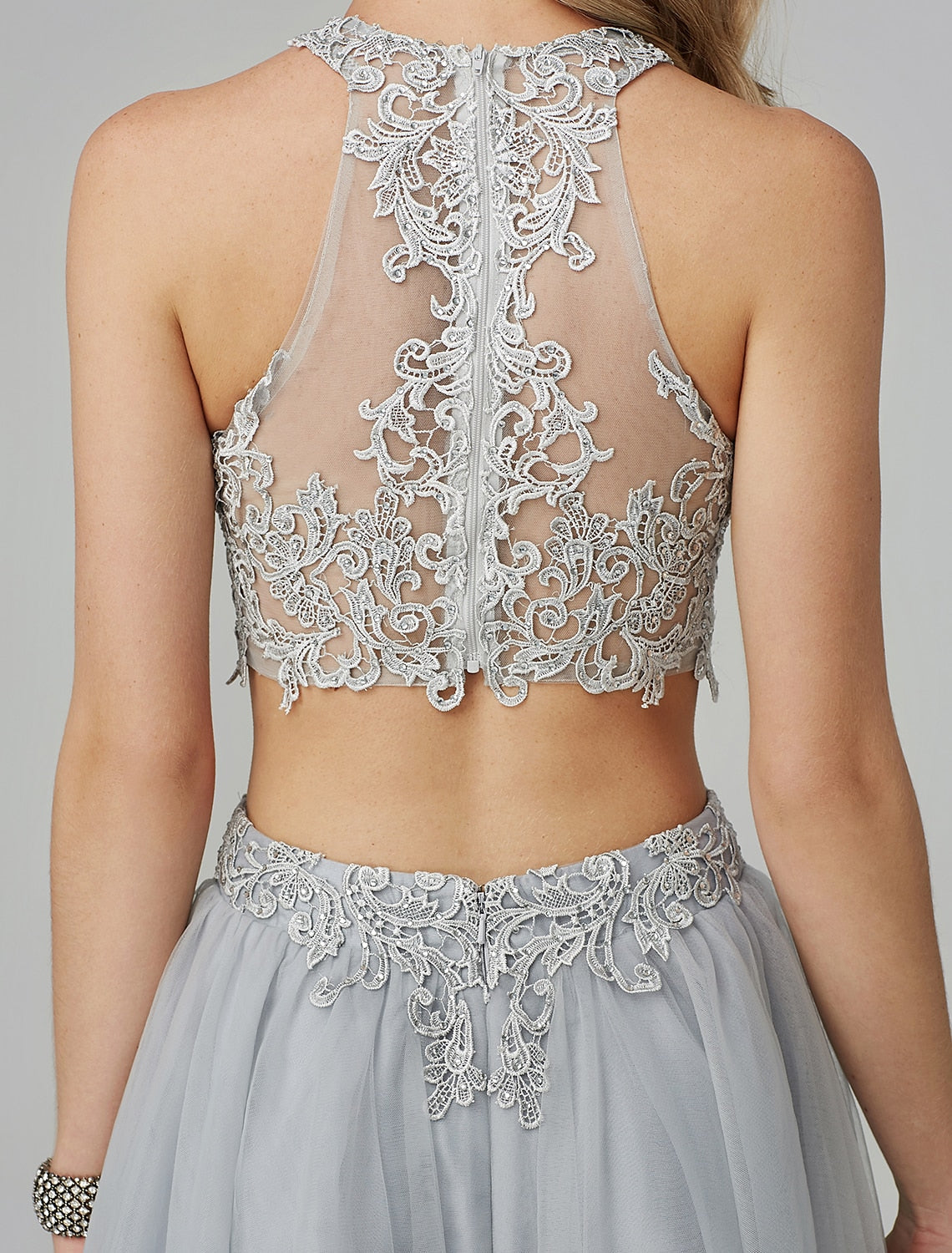 Elegant Two Piece Empire Halter Neck Floor Length Appliqued Lace Prom Dress.