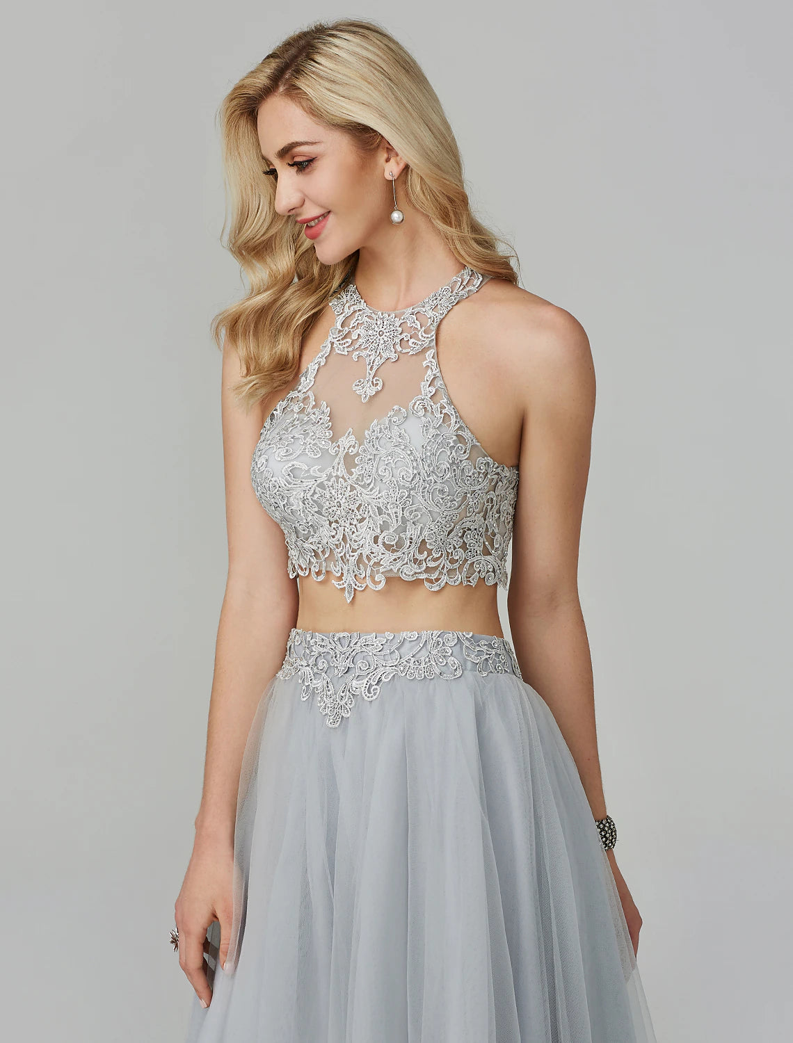 Elegant Two Piece Empire Halter Neck Floor Length Appliqued Lace Prom Dress.