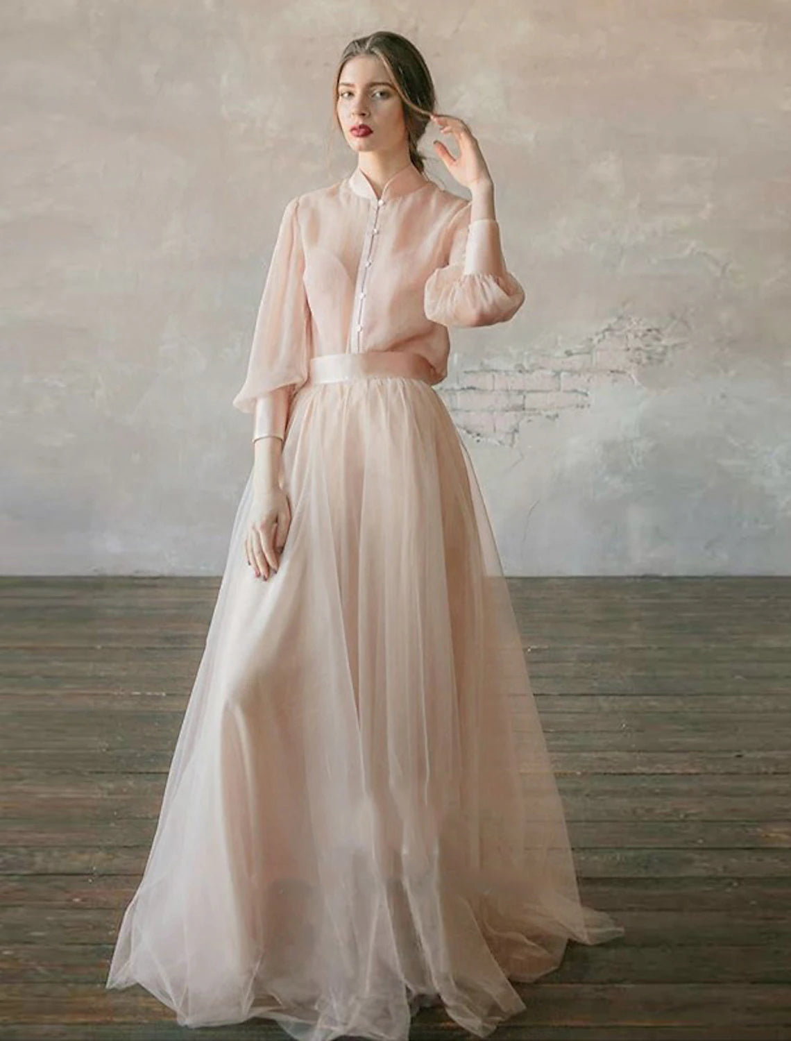 Elegant Two-Piece Empire Minimalist Long Sleeve Tiered Chiffon Formal Dress.