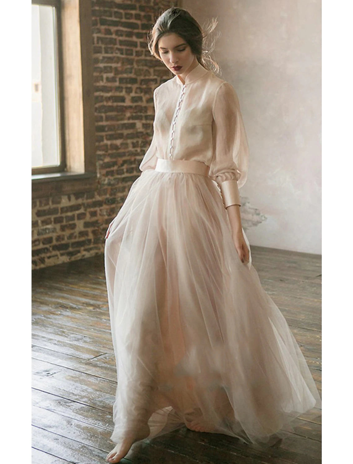 Elegant Two-Piece Empire Minimalist Long Sleeve Tiered Chiffon Formal Dress.