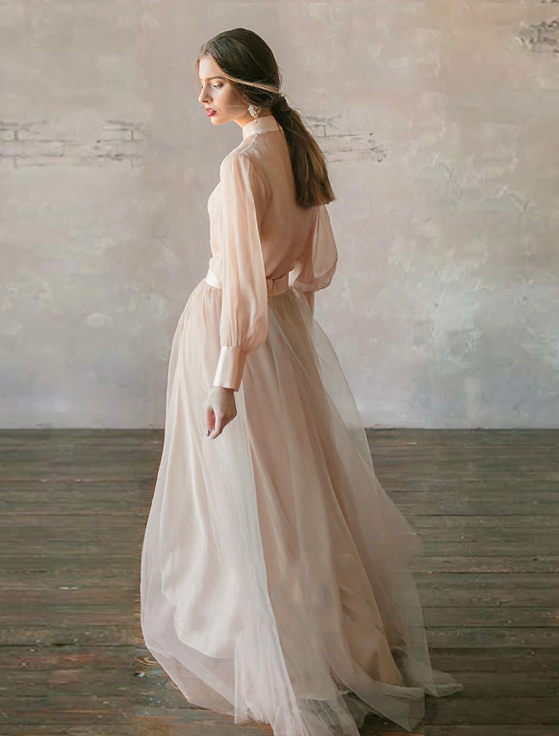Elegant Two-Piece Empire Minimalist Long Sleeve Tiered Chiffon Formal Dress.