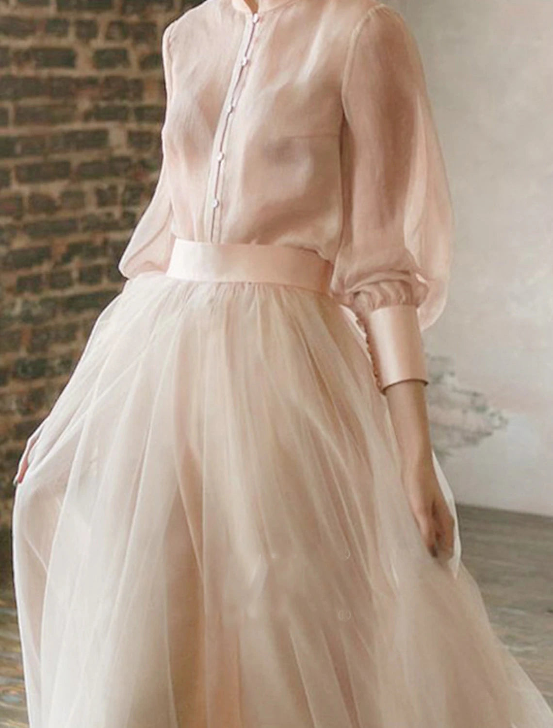 Elegant Two-Piece Empire Minimalist Long Sleeve Tiered Chiffon Formal Dress.