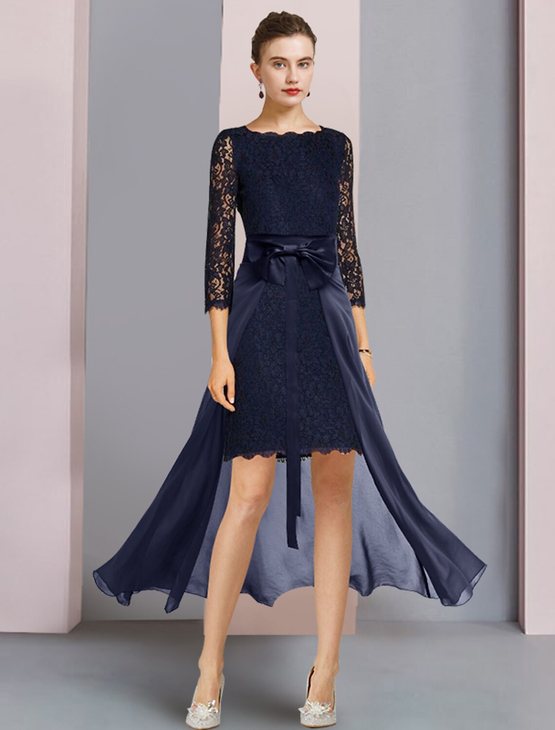 Elegant two-piece sheath dress with scoop neck, lace, and 3/4 sleeves.
