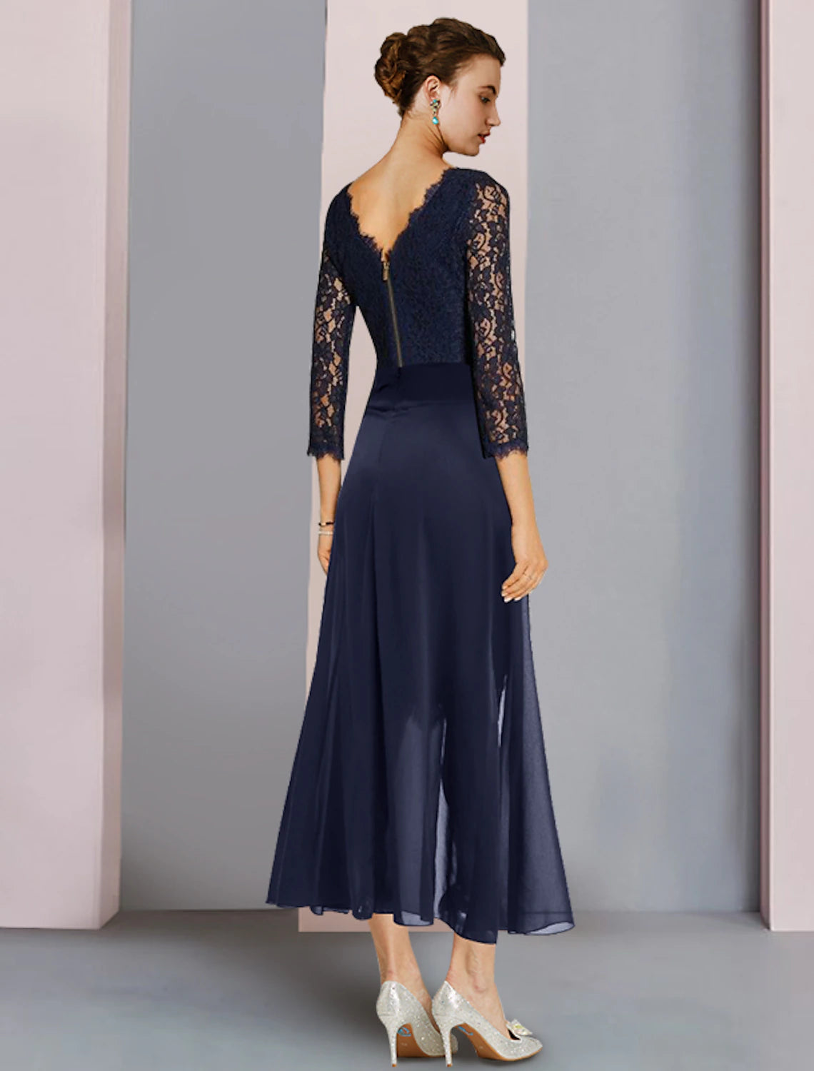 Side view of elegant two-piece sheath dress, knee length.