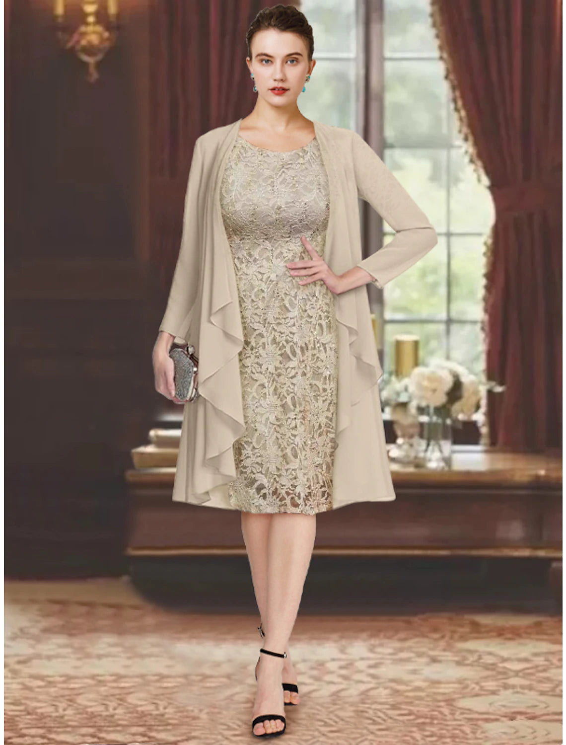 Elegant Two-Piece Sheath Scoop Neck Short Sleeve Knee-Length Mother of the Bride Dress.