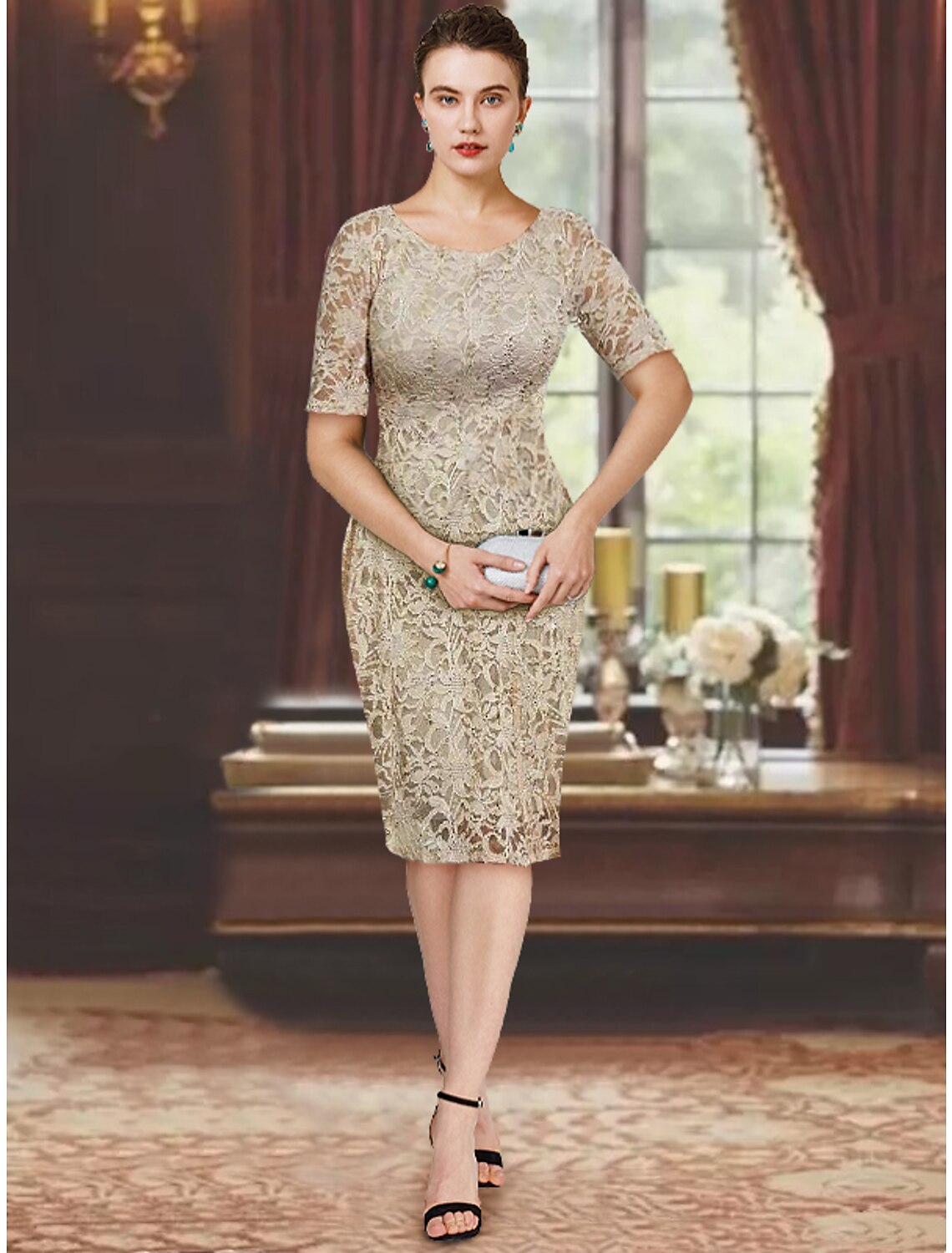 Elegant Two-Piece Sheath Scoop Neck Short Sleeve Knee-Length Mother of the Bride Dress.
