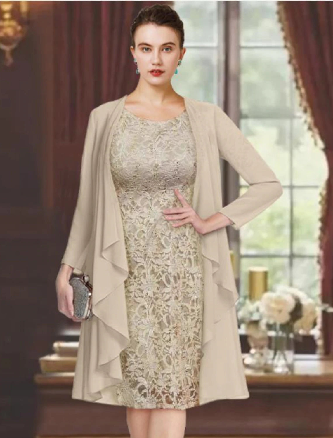 Elegant Two-Piece Sheath Scoop Neck Short Sleeve Knee-Length Mother of the Bride Dress.