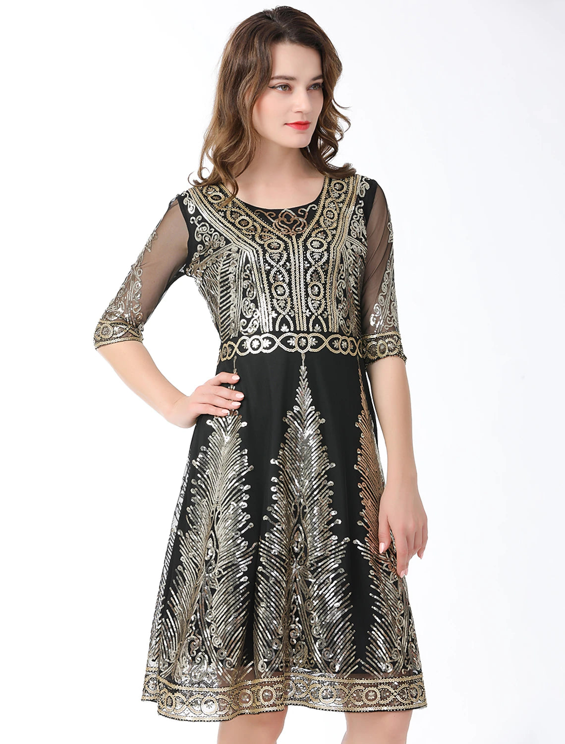 Elegant Vintage A-Line Jewel Neck Half Sleeve Sequin Party Dress.