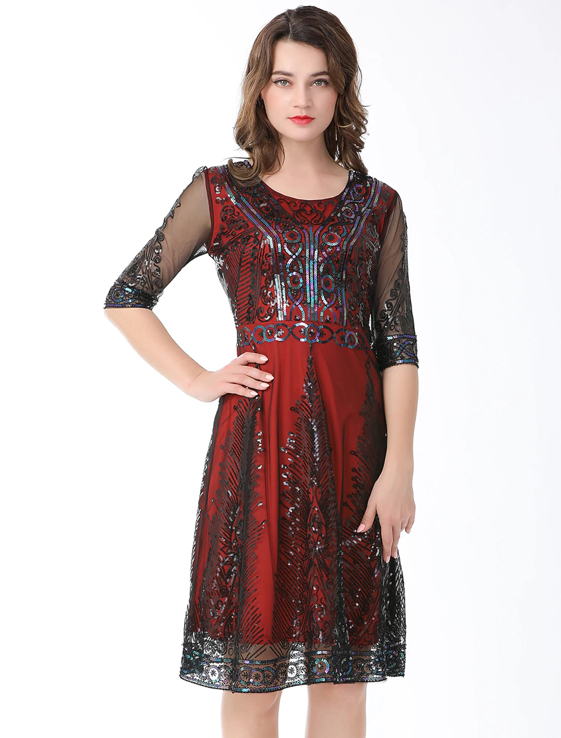 Elegant Vintage A-Line Jewel Neck Half Sleeve Sequin Party Dress.