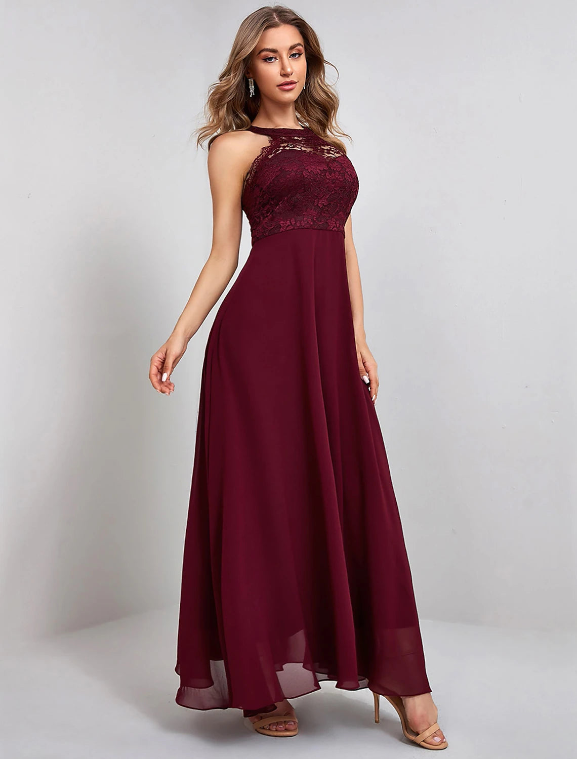 Elegant Vintage A-Line Jewel Neck Party Evening Dress Ankle Length with Lace.