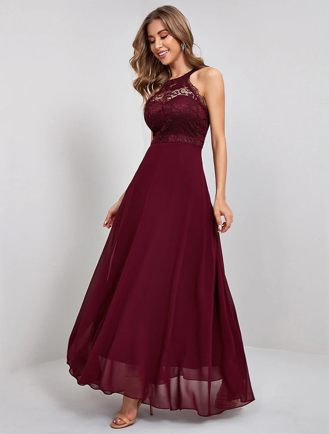 Elegant Vintage A-Line Jewel Neck Party Evening Dress Ankle Length with Lace.