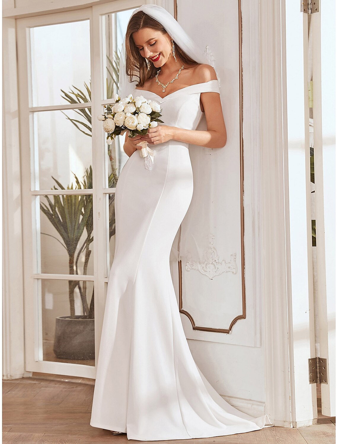 Elegant White Mermaid Trumpet Off Shoulder Cap Sleeve Pleated Draped Gown.