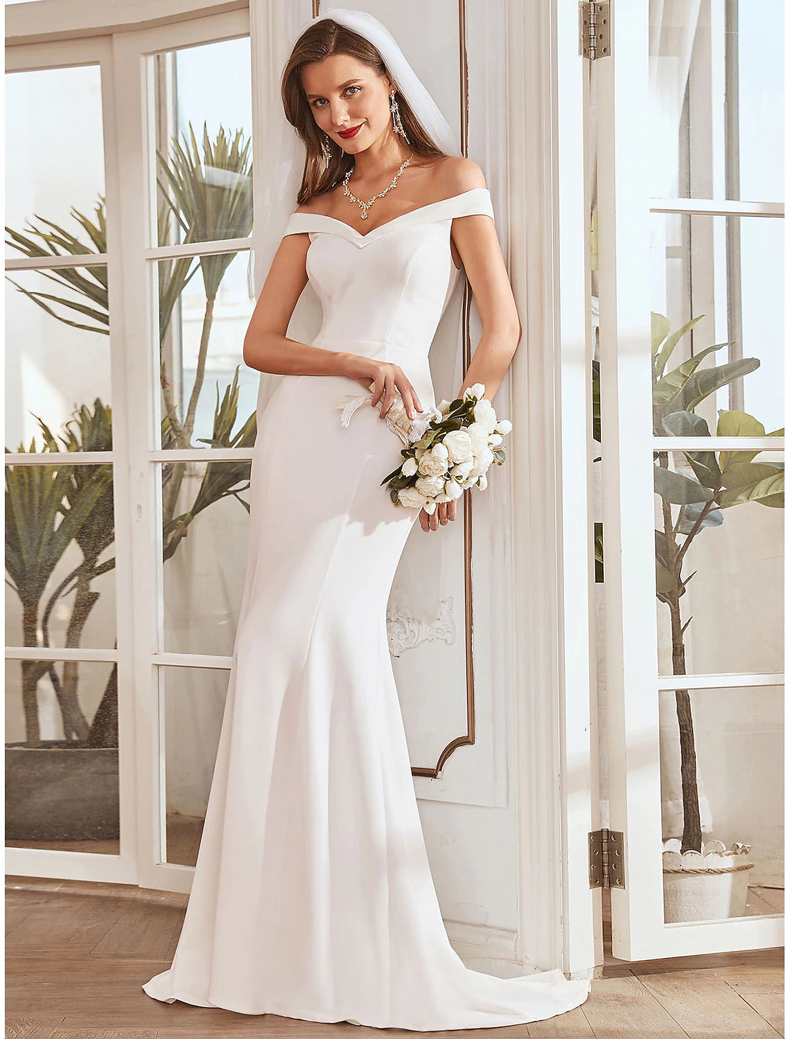 Elegant White Mermaid Trumpet Off Shoulder Cap Sleeve Pleated Draped Gown.