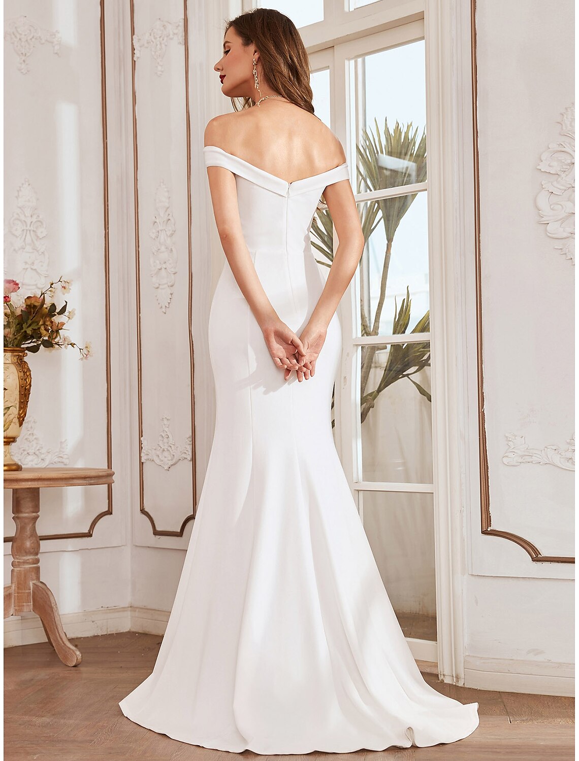 Elegant White Mermaid Trumpet Off Shoulder Cap Sleeve Pleated Draped Gown.
