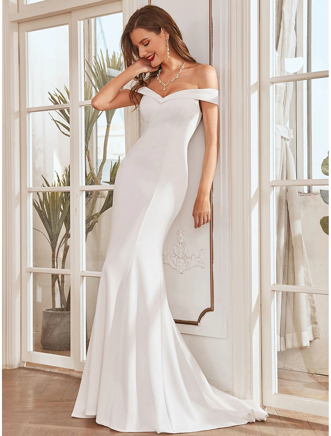 Elegant White Mermaid Trumpet Off Shoulder Cap Sleeve Pleated Draped Gown.