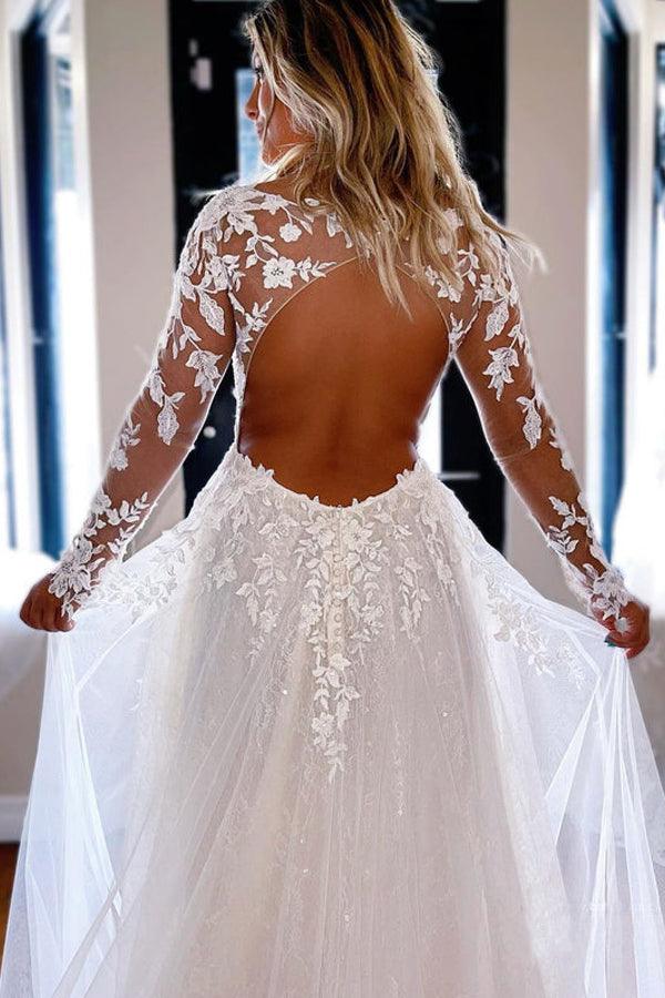 Wholesa A Line V Neck Elegant Lace Long Sleeves Wedding Dresses