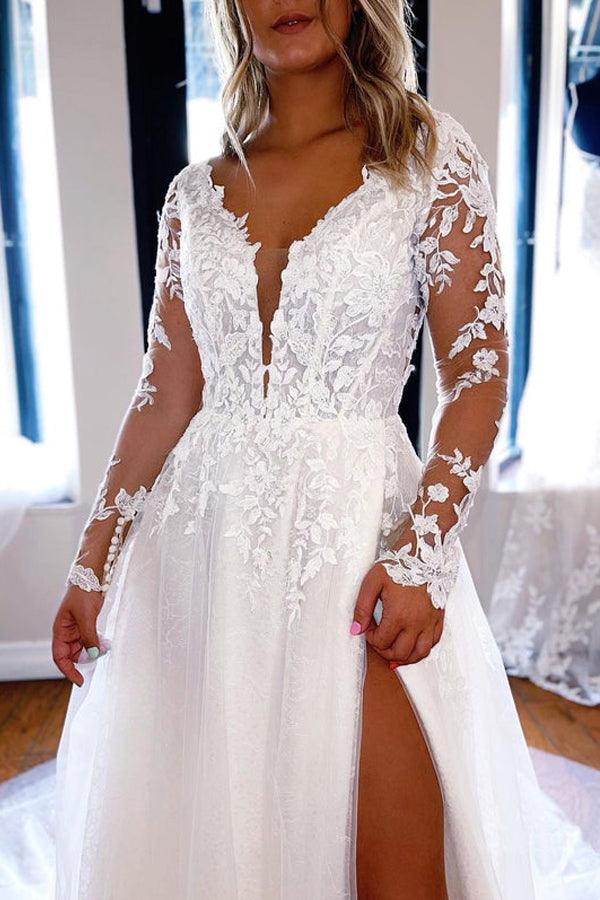 Wholesa A Line V Neck Elegant Lace Long Sleeves Wedding Dresses