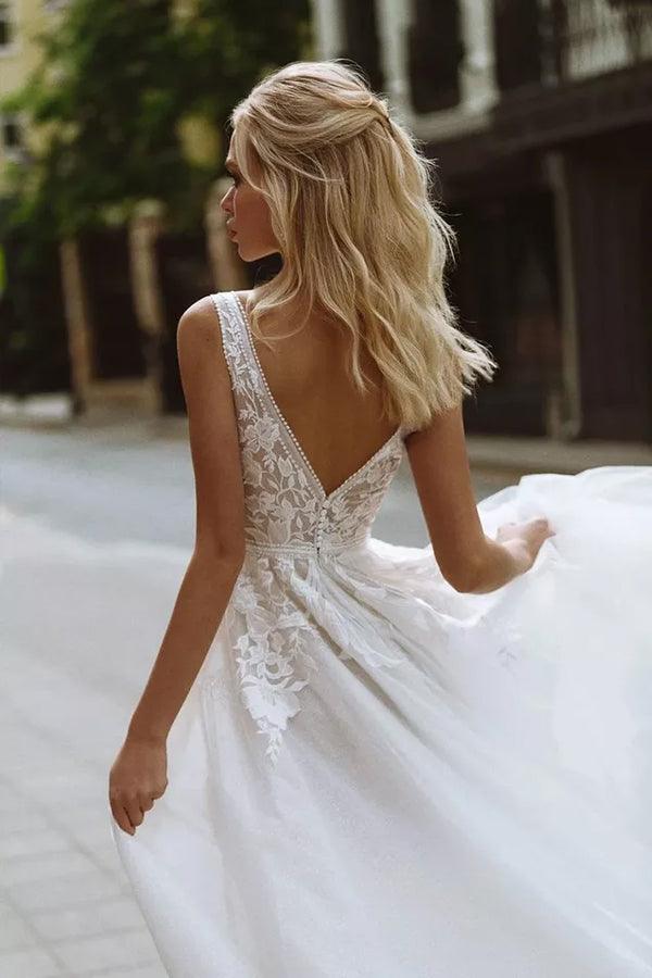 Wholesa Beach A-line V Neck Elegant Lace Wedding Dresses Bridal Gown