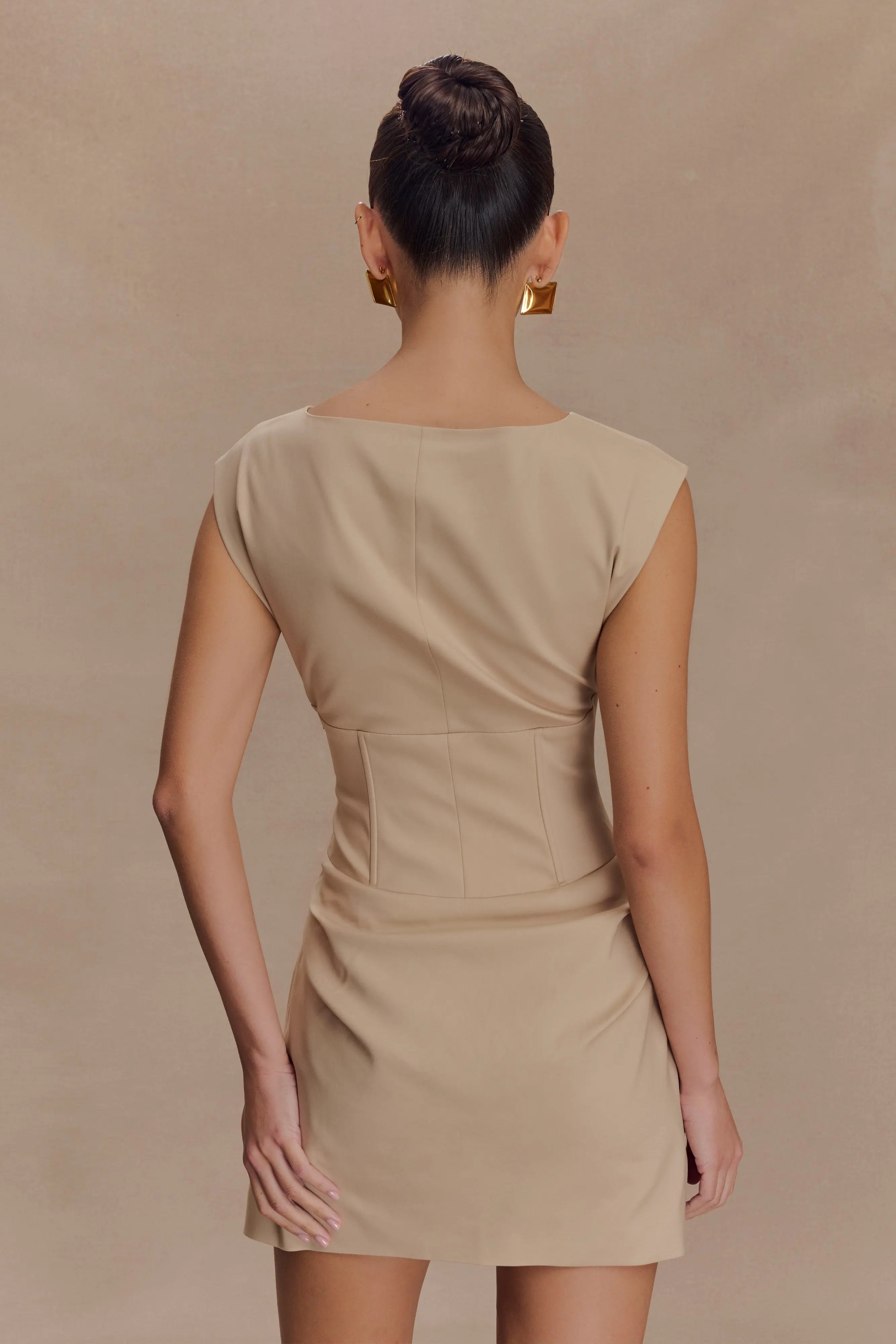 Elegant A-Line Boat Neck Cap Sleeve Structured Beige Mini Homecoming Dress