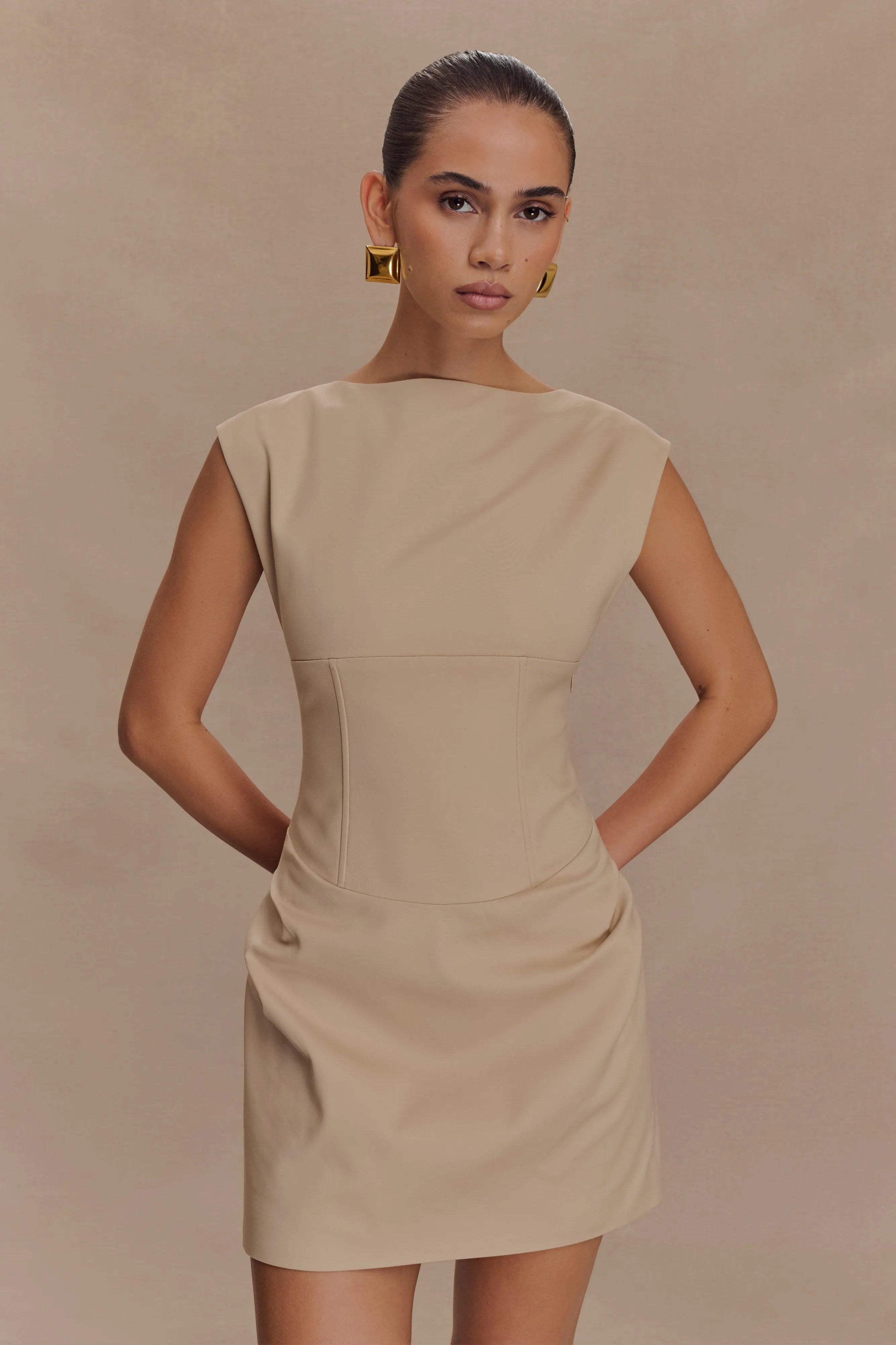 Elegant A-Line Boat Neck Cap Sleeve Structured Beige Mini Homecoming Dress