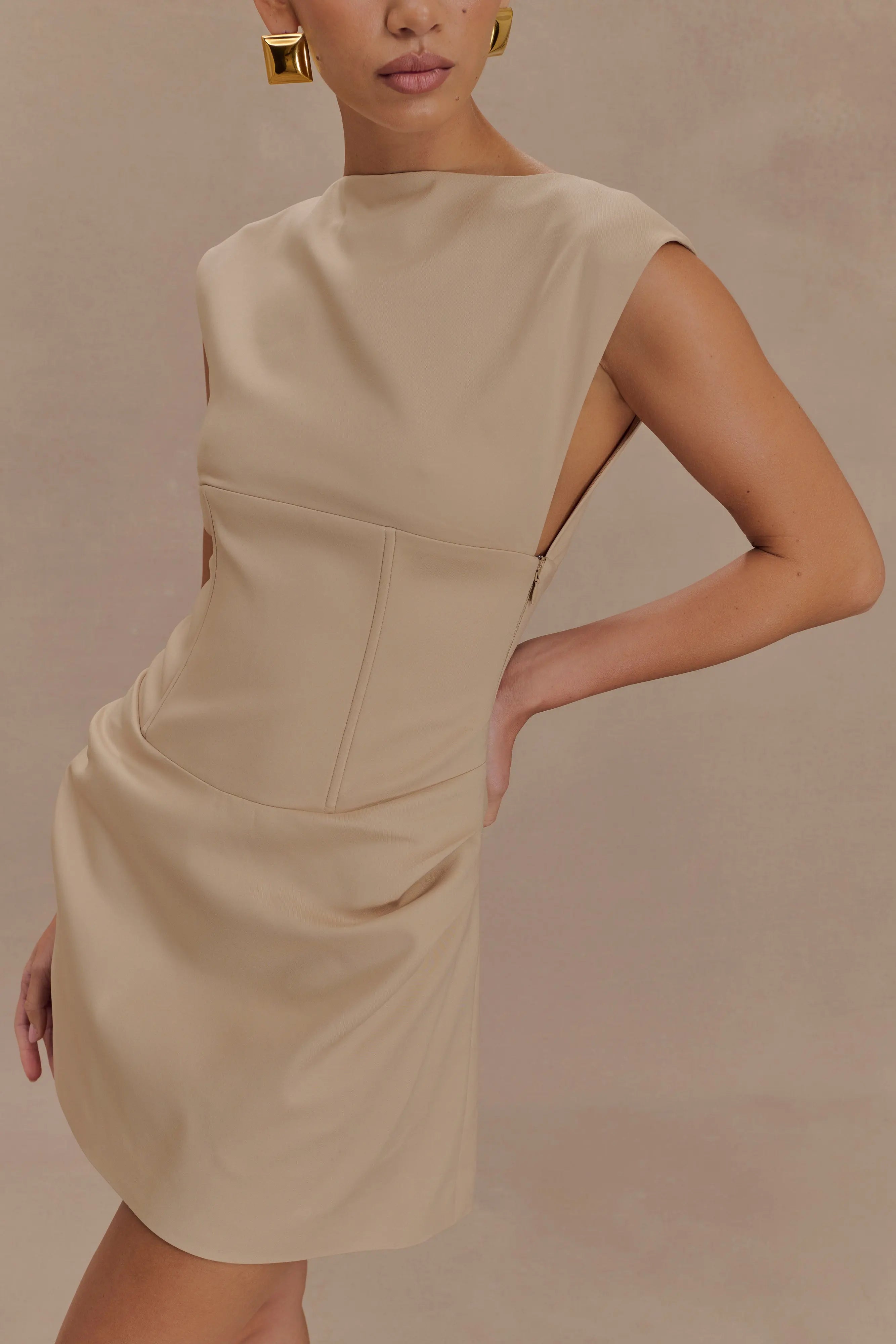 Elegant A-Line Boat Neck Cap Sleeve Structured Beige Mini Homecoming Dress