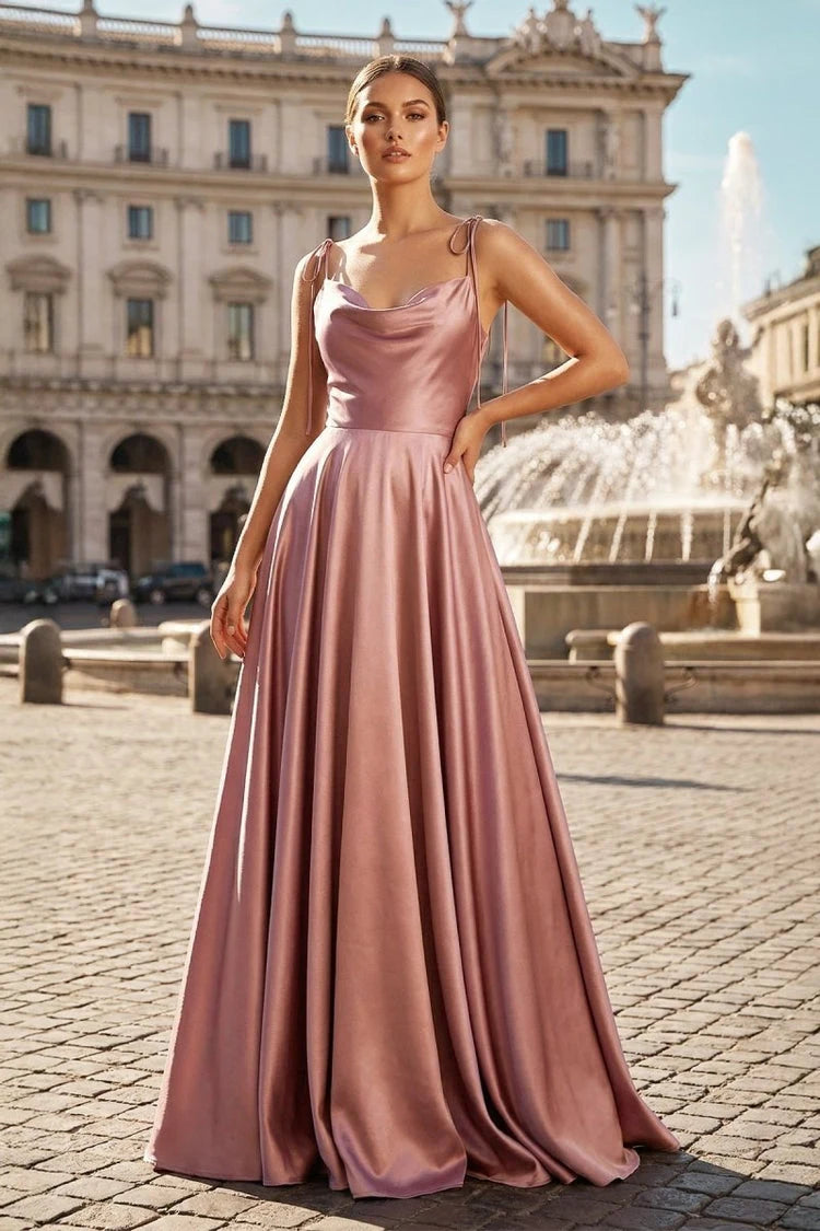 Elegant A-Line Cowl Neck Sleeveless Adjustable Dusty Rose Floor-Length Prom Gown
