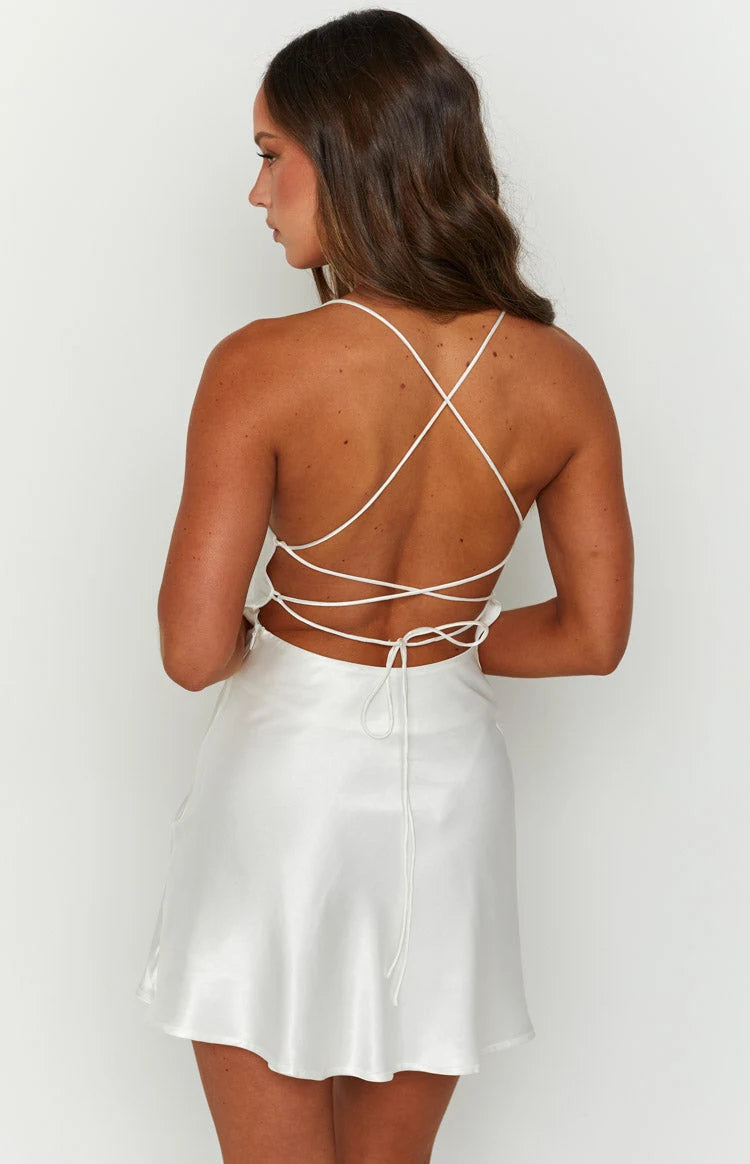 Elegant A-Line Cowl Neck Sleeveless Backless White Mini Homecoming Dress