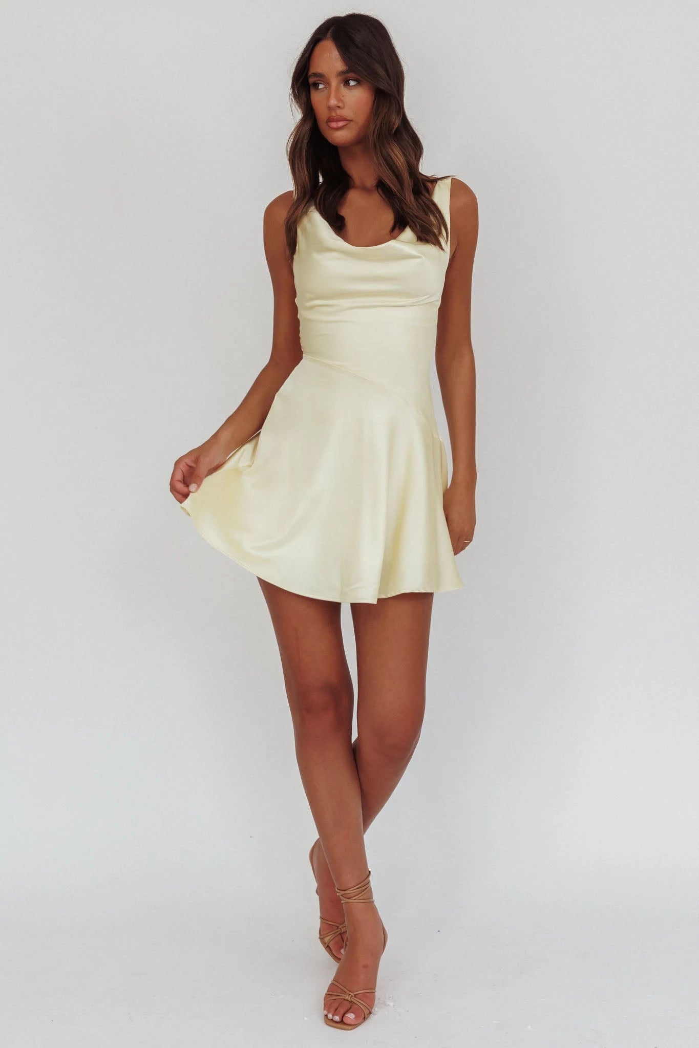 Elegant A-Line Cowl Neck Sleeveless Chic Backless Pale Yellow Mini Homecoming Dress