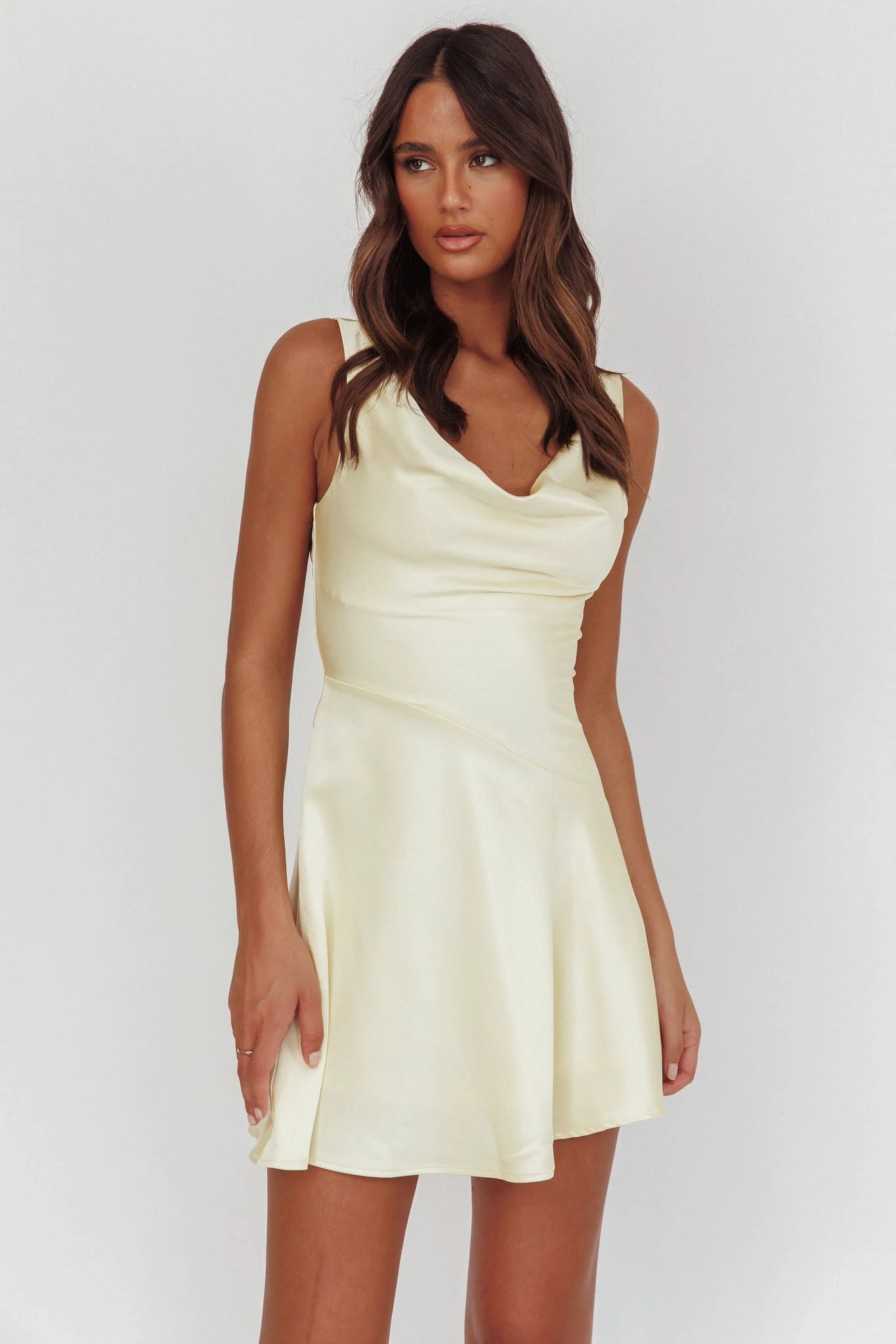 Elegant A-Line Cowl Neck Sleeveless Chic Backless Pale Yellow Mini Homecoming Dress