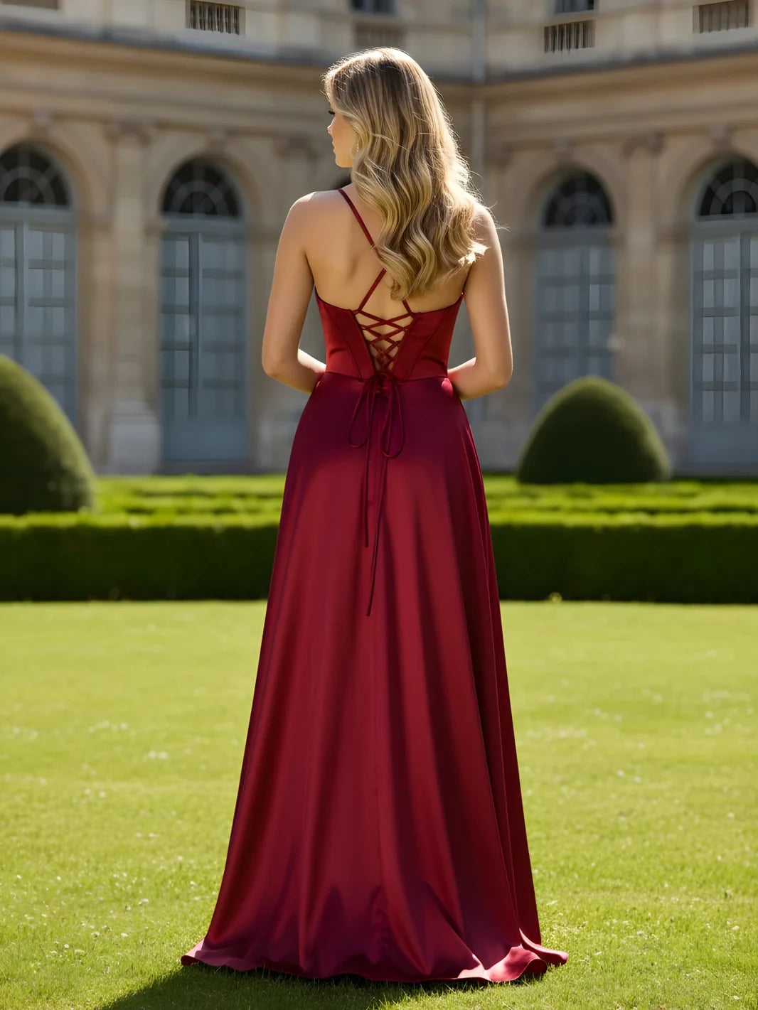 Elegant A-Line Cowl Neck Sleeveless Corset Slit Burgundy Floor-Length Prom Dress