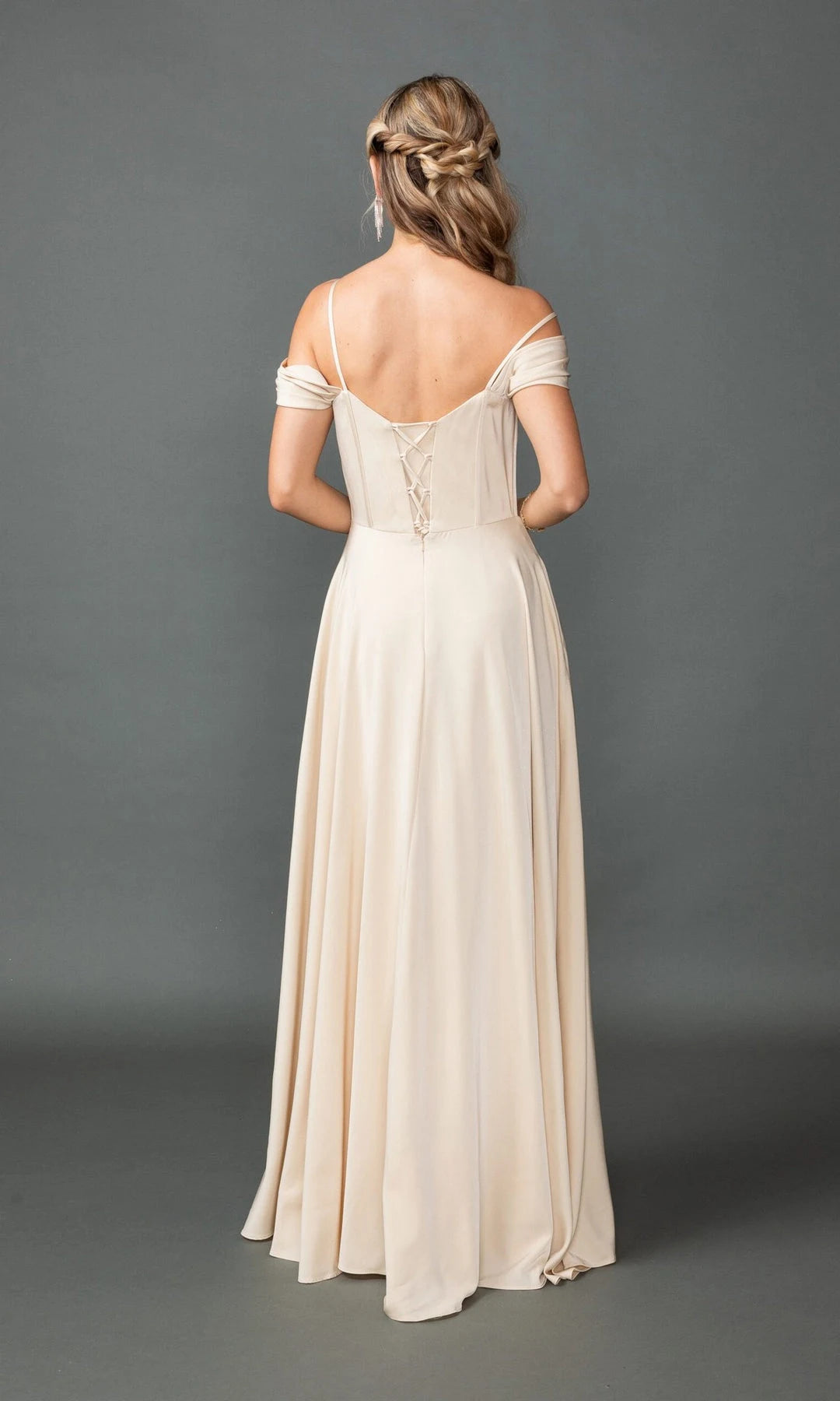 Elegant A-Line Cowl Neck Sleeveless Corset Slit Champagne Women Prom Dresses