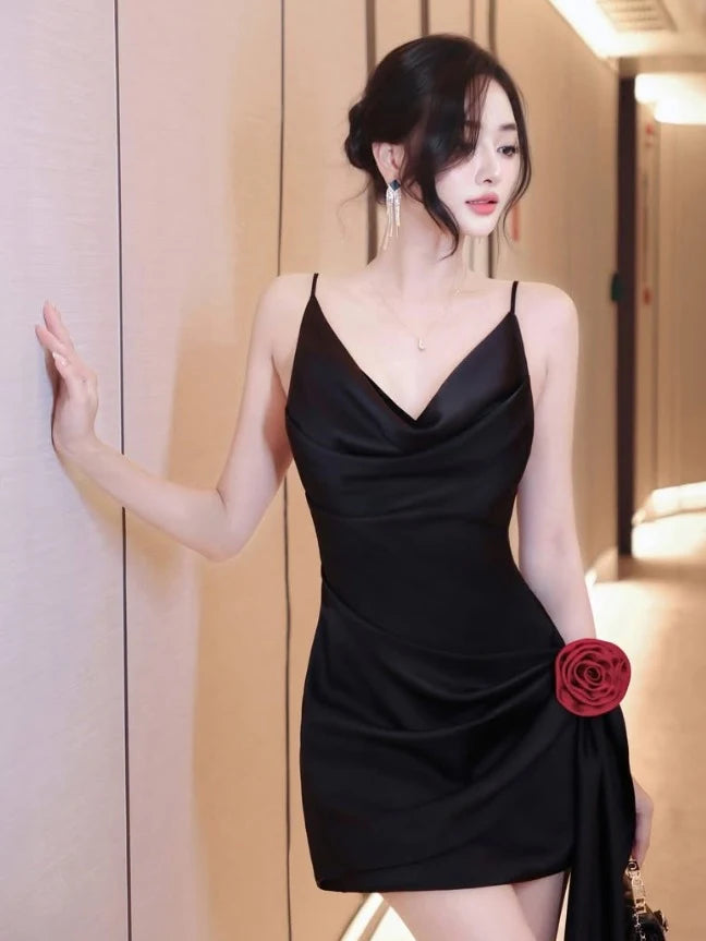 Elegant A-Line Cowl Neck Sleeveless Draped Black Mini Homecoming Dress Women Party