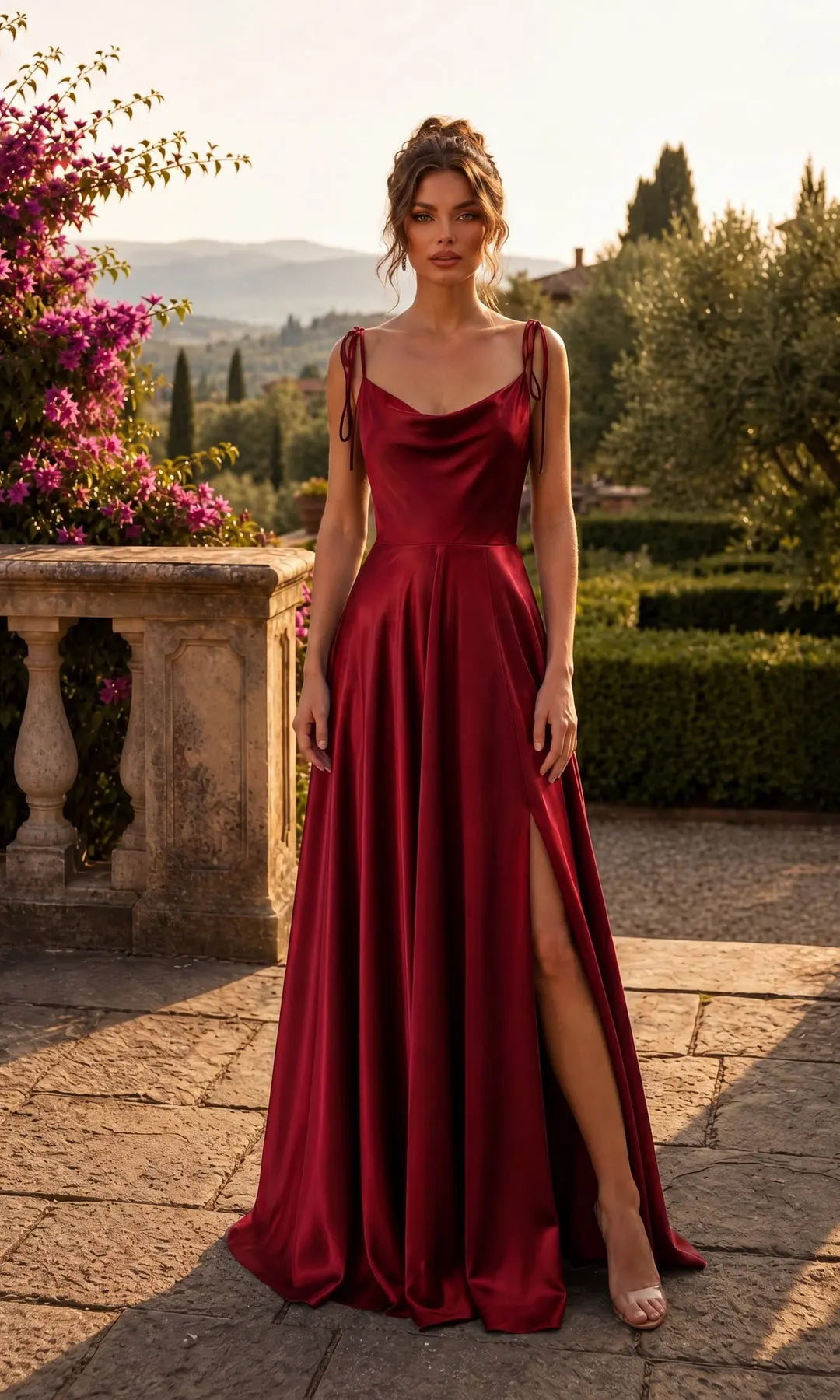 Elegant A-Line Cowl Neck Sleeveless High Slit Burgundy Floor-Length Prom Gown