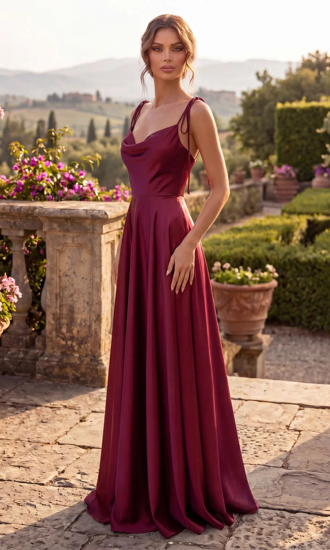 Elegant A-Line Cowl Neck Sleeveless High Slit Burgundy Floor-Length Prom Gown