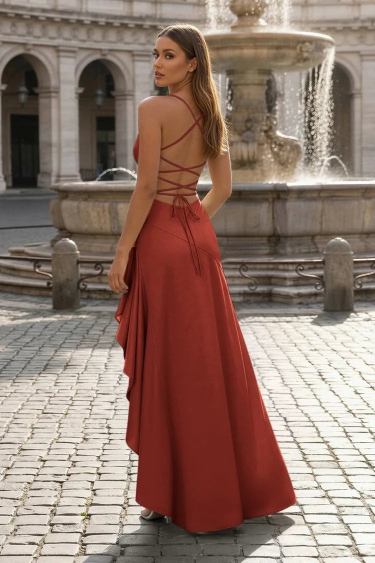 Elegant A-Line Cowl Neck Sleeveless High Slit Terracotta Red Asymmetrical Prom Dress