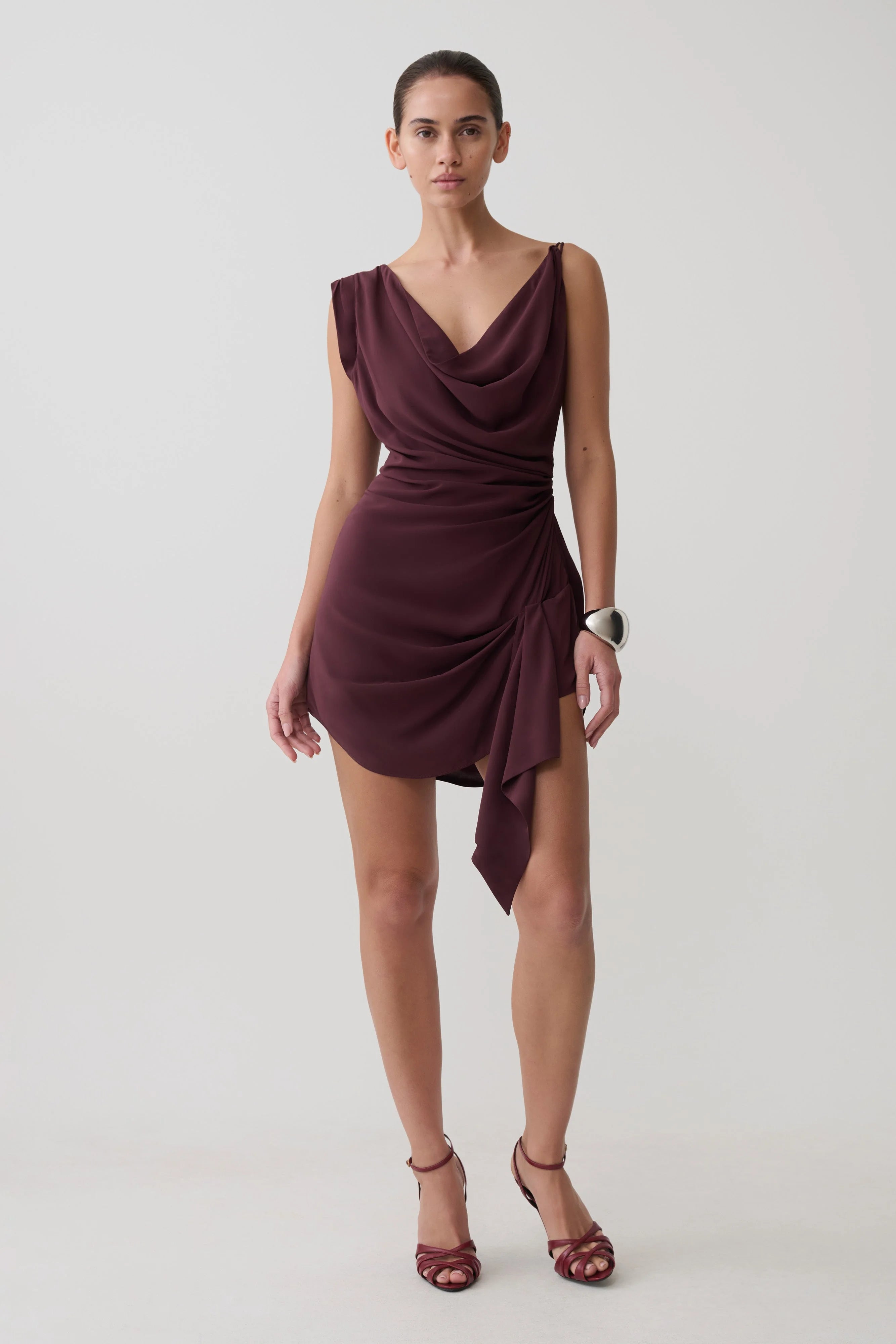 Elegant A-Line Cowl Neck Sleeveless Ruched Plum Mini Homecoming Party Dress