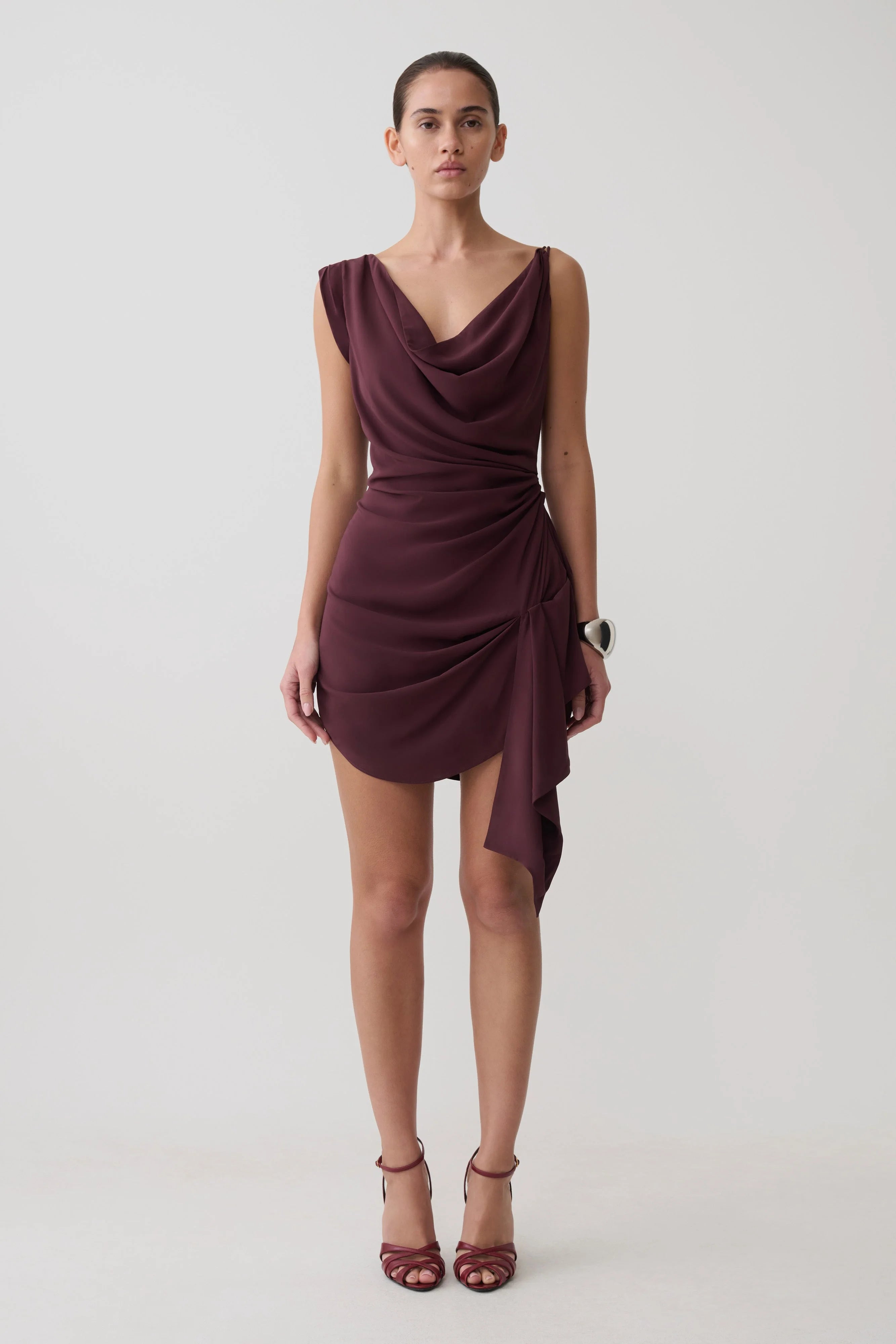 Elegant A-Line Cowl Neck Sleeveless Ruched Plum Mini Homecoming Party Dress