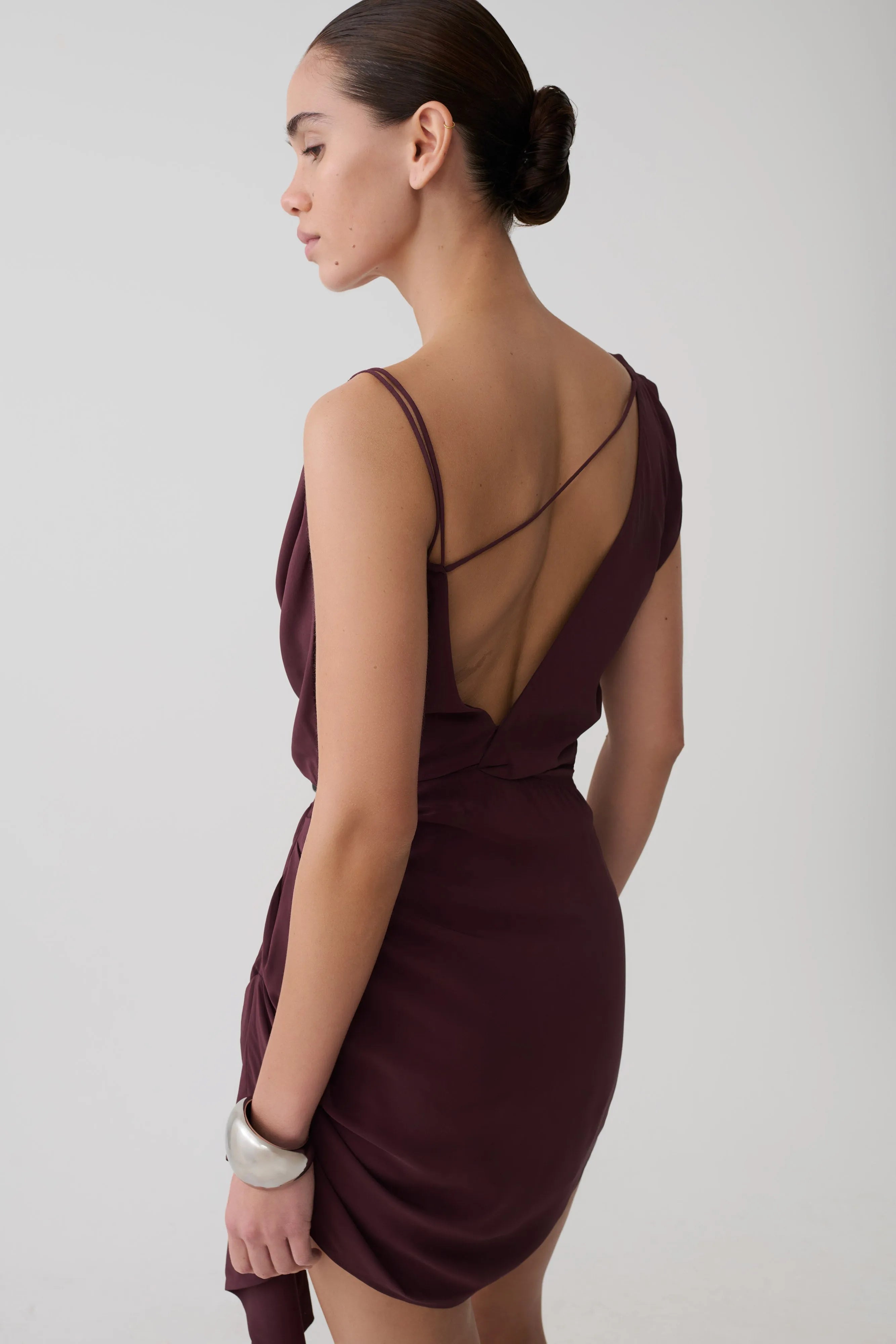 Elegant A-Line Cowl Neck Sleeveless Ruched Plum Mini Homecoming Party Dress