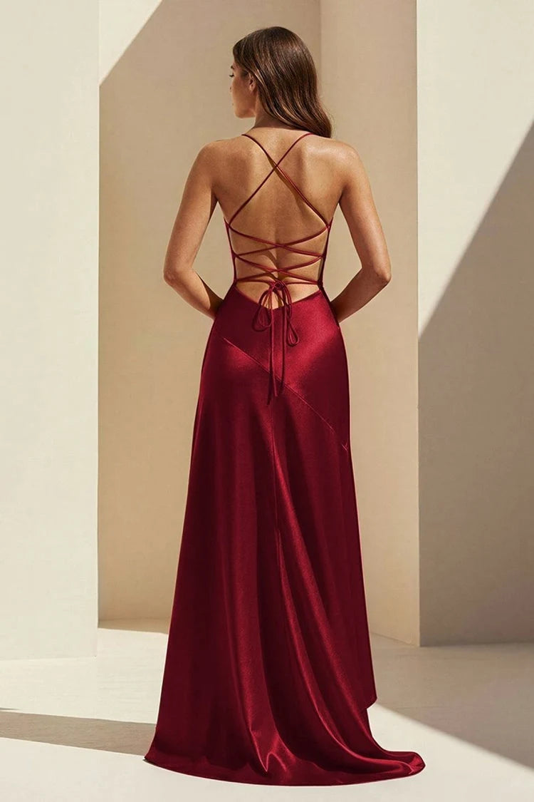 Elegant A-Line Cowl Neck Sleeveless Ruffled High-Low Burgundy Prom Gown