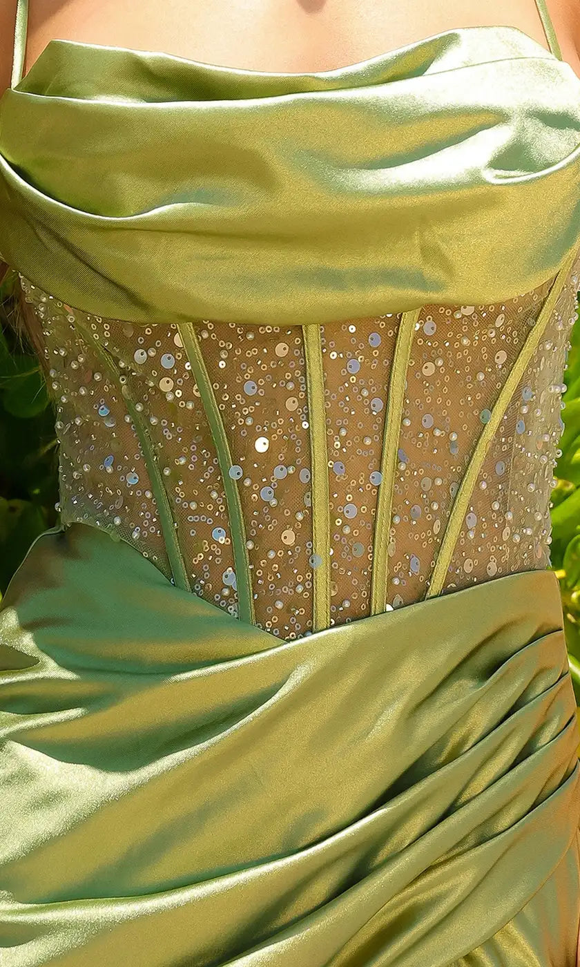 Elegant A-Line Cowl Neck Sleeveless Sequin Slit Olive Green Floor Prom Dress