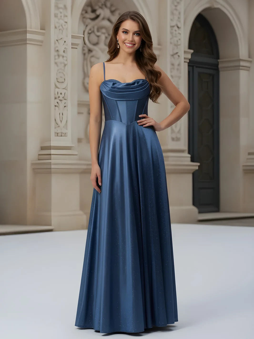 Elegant A-Line Cowl Neck Sleeveless Shimmering Dusty Blue Floor-Length Prom Dress Gown