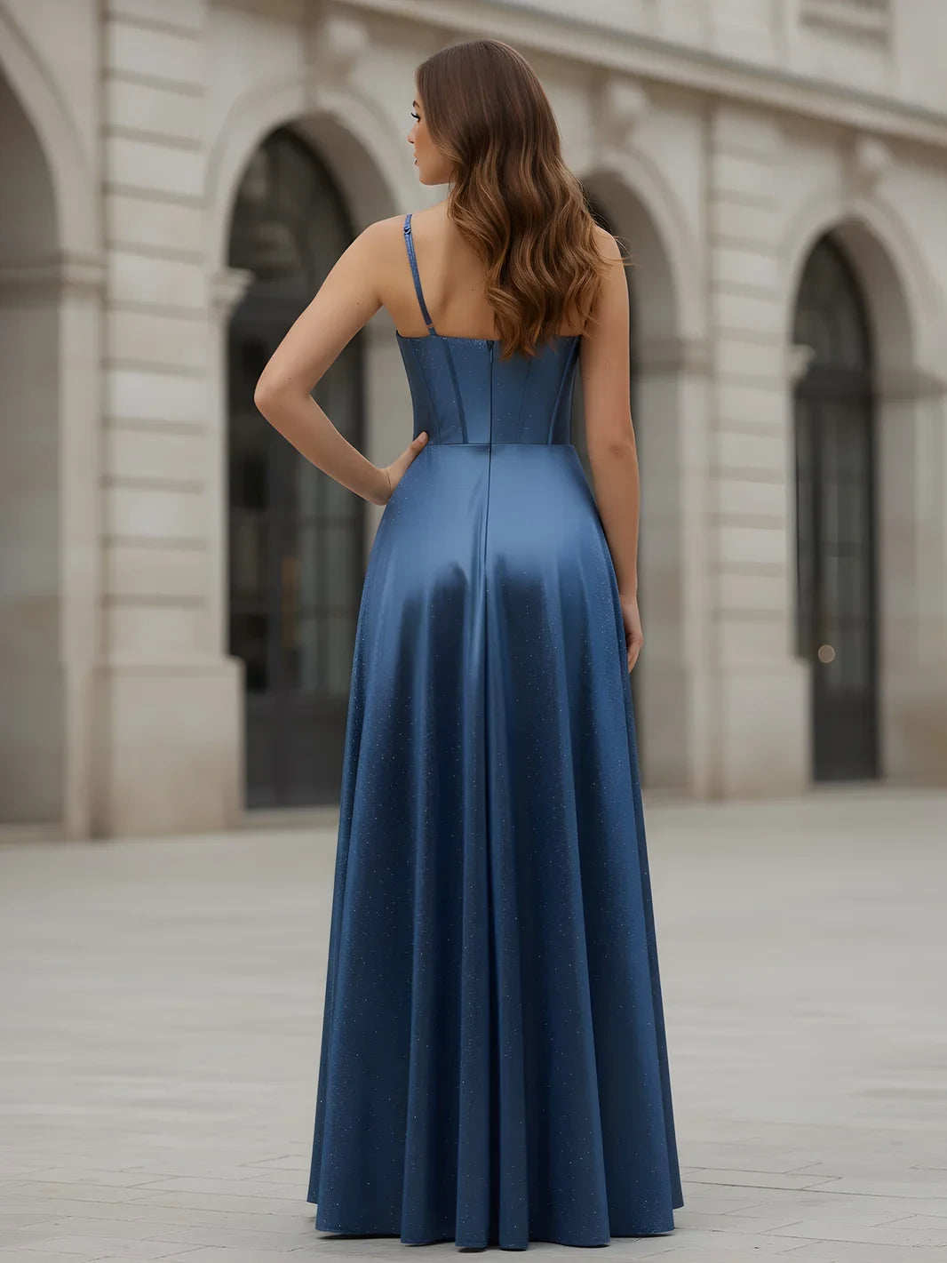 Elegant A-Line Cowl Neck Sleeveless Shimmering Dusty Blue Floor-Length Prom Dress Gown