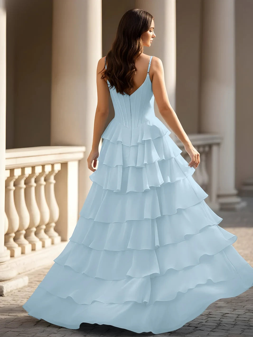 Elegant A-Line Cowl Neck Sleeveless Tiered Ruffle Sky Blue Prom Gown