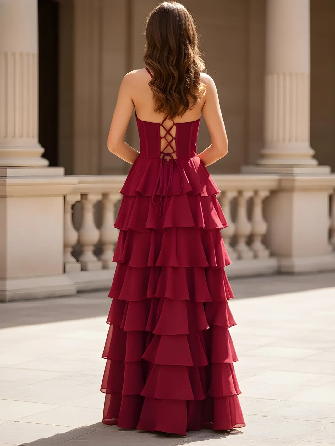 Elegant A-Line Cowl Neck Sleeveless Tiered Slit Burgundy Floor-Length Prom Dress